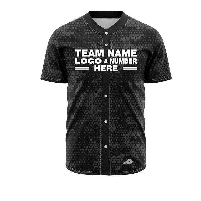 Custom Fully Sublimated Digital Camo Two Pattern Black Gray Performance Baseball Softball Full Buttons Jersey 25050
