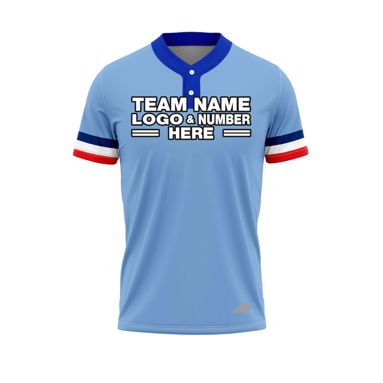 Custom Fully Sublimated Horizontal Stripes on Sleeves Pattern Baby Blue Red White Performance Baseball Softball Two Buttons Jersey 25076