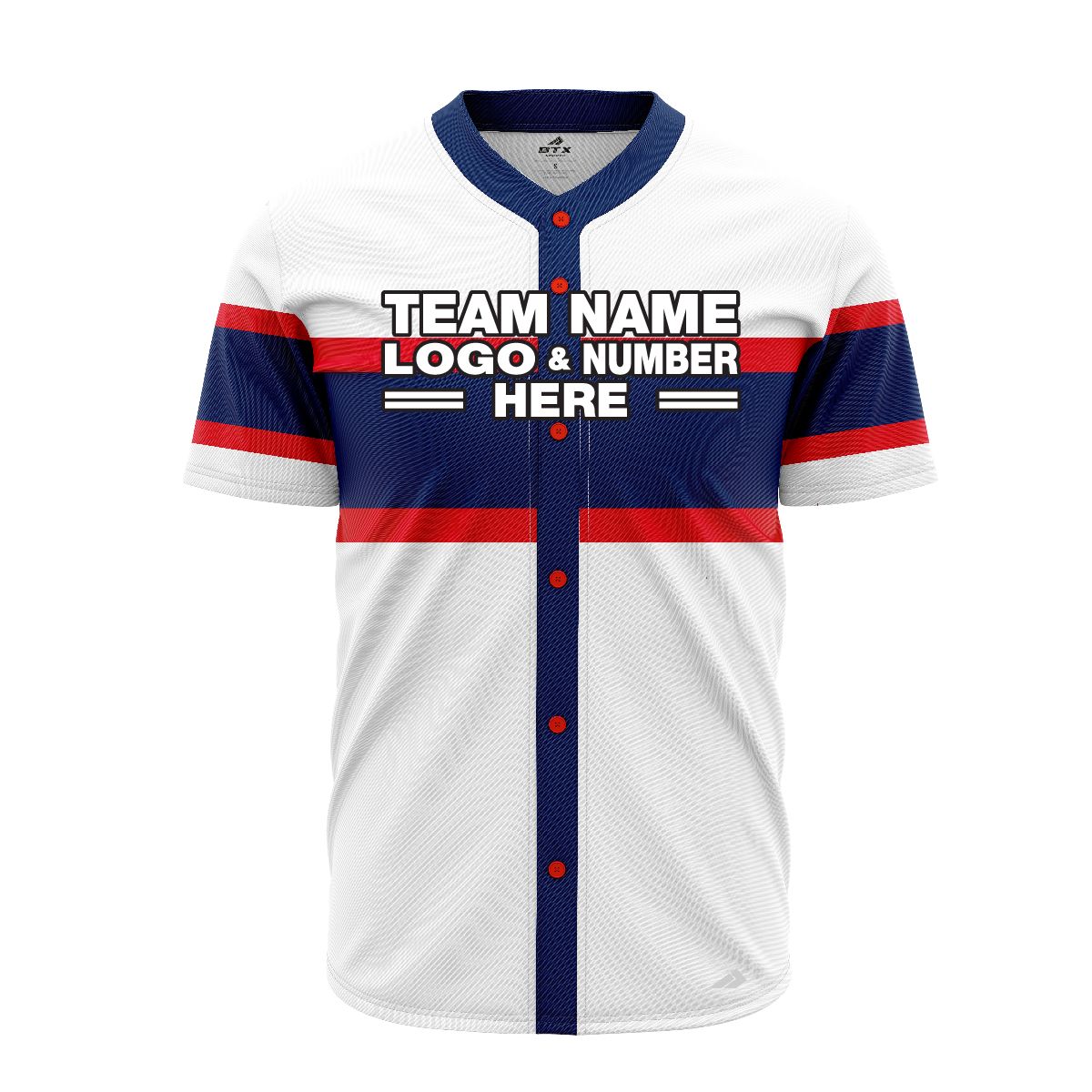 Custom Fully Sublimated Three Lines on Chest Pattern White Blue Red Performance Baseball Softball Full Buttons Jersey 16915