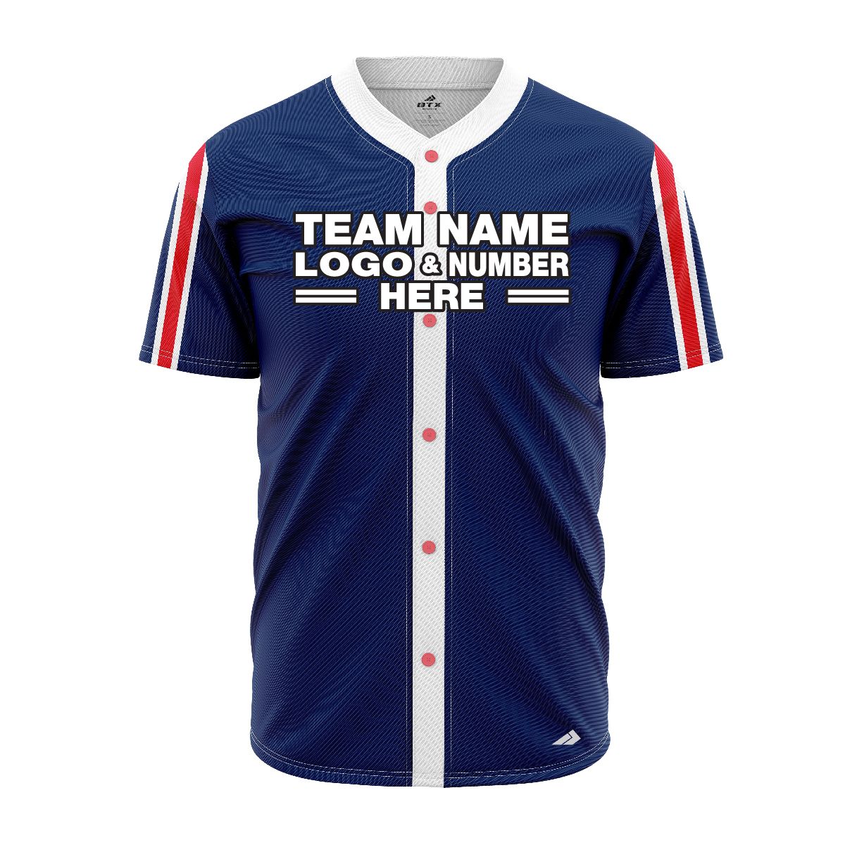 Custom Fully Sublimated Vertical Stripes on Sleeves Pattern Blue Red White Performance Baseball Softball Full Buttons Jersey 16902