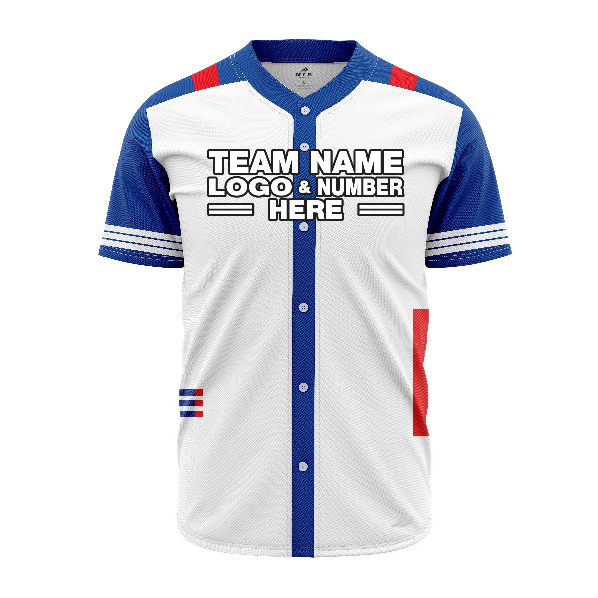 Custom Fully Sublimated Unique Pattern White Blue Red Performance Baseball Softball Full Buttons Jersey 16891