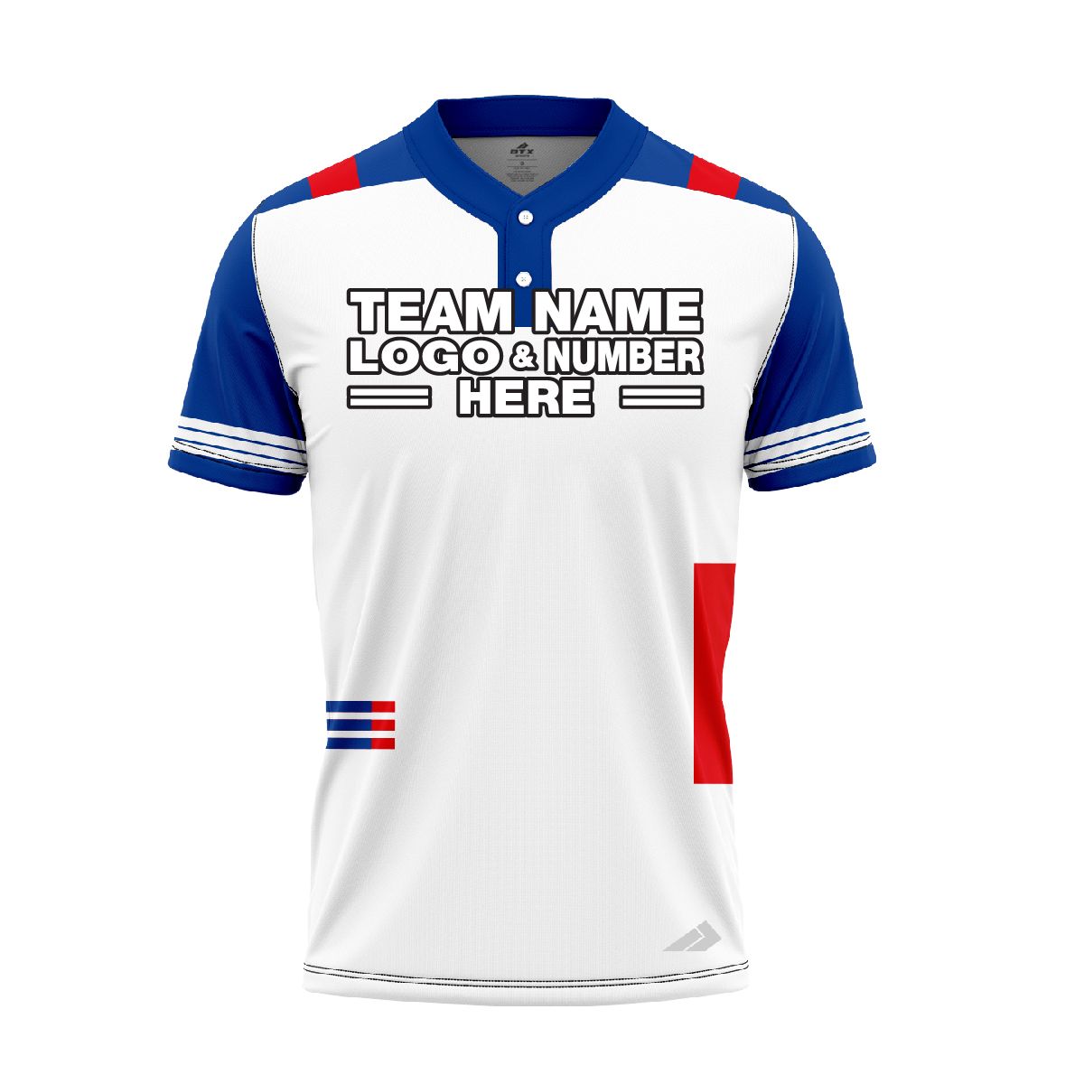 Custom Fully Sublimated Unique Pattern White Blue Red Performance Baseball Softball Two Buttons Jersey 17040