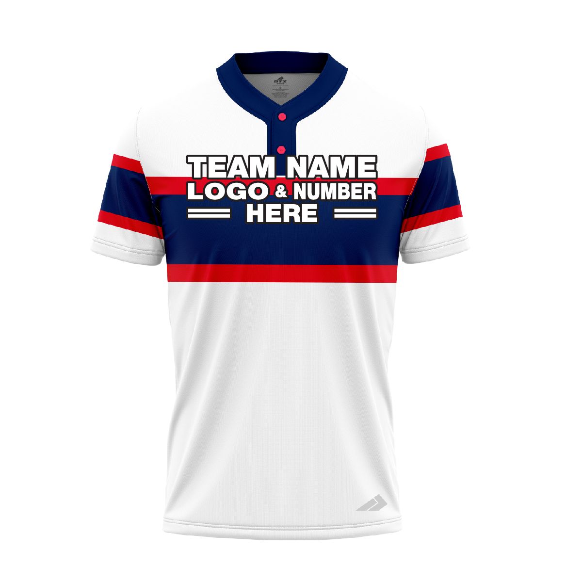 Custom Fully Sublimated Three Lines on Chest Pattern White Blue Red Performance Baseball Softball Two Buttons Jersey 17064 Custom Fully Sublimated Three Lines on Chest Pattern White Blue Red Performance Baseball Softball Two Buttons Jersey 17064
