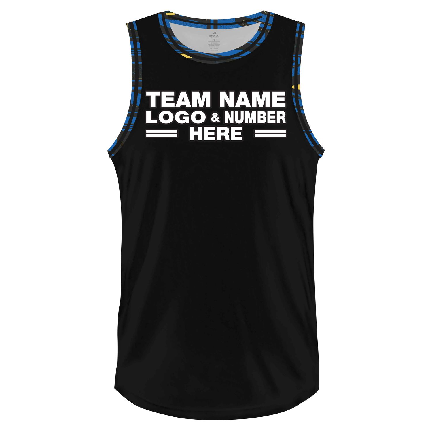 Custom Fully Sublimated Chip Six Pattern Black Blue Performance Basketball Uniform Jersey 23497