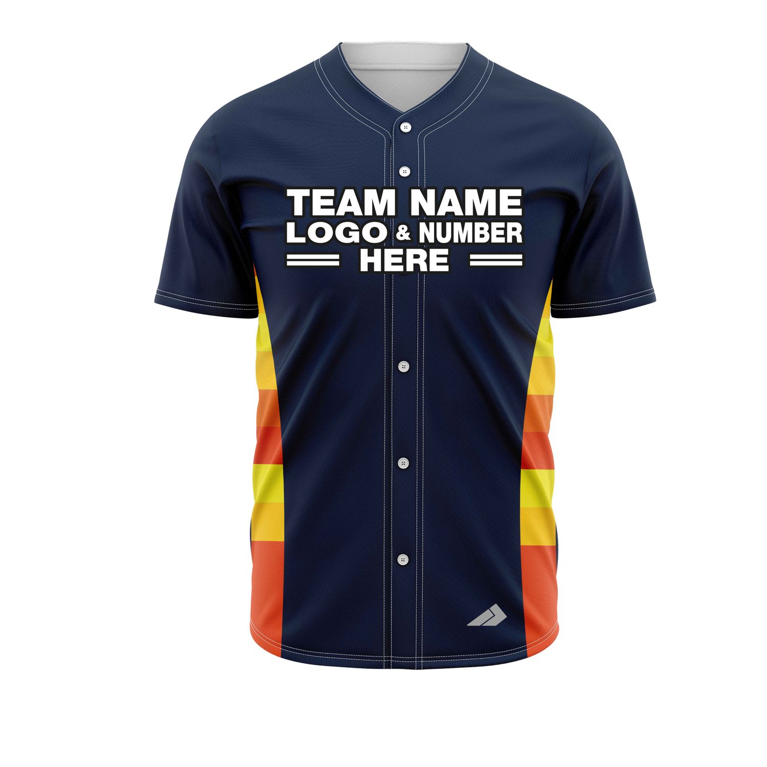 Custom Fully Sublimated Multicolor Waist Pattern Dark Blue Yellow Orange Red Performance Baseball Softball Full Buttons Jersey 25009