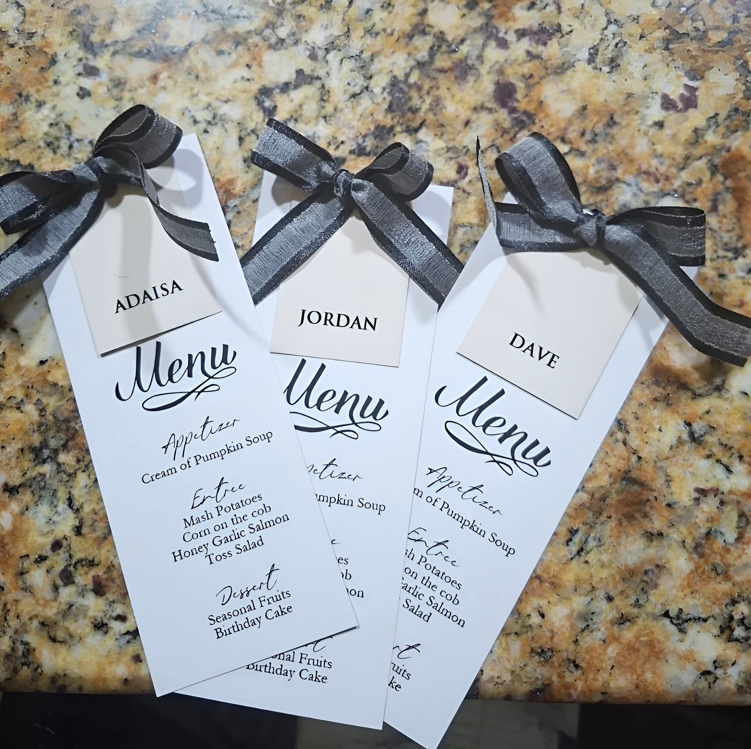 White and Nude Personalized Menu Card with Ribbon