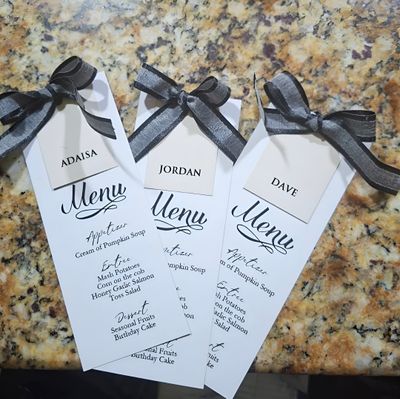 White and Nude Personalized Menu Card with Ribbon