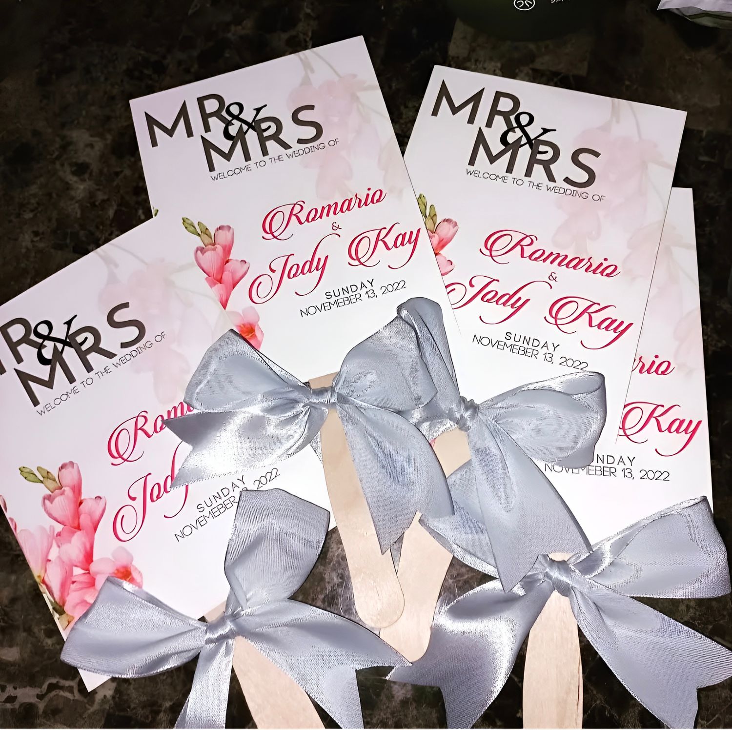 Mr. &amp; Mrs. Hand Fans with Ribbon, Pink &amp; Grey