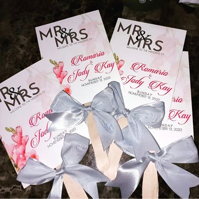 Mr. &amp; Mrs. Hand Fans with Ribbon, Pink &amp; Grey