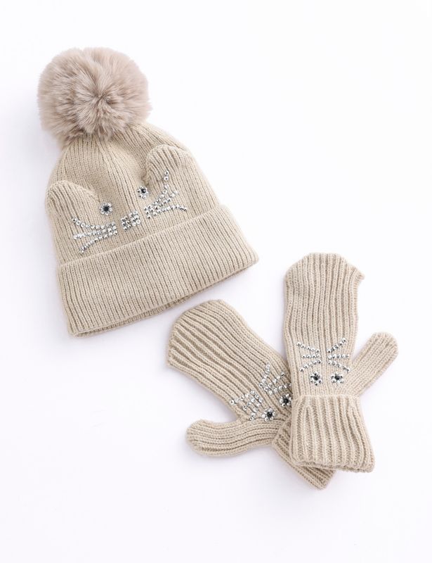 Kitten Hat Mitten Set -147 Beige