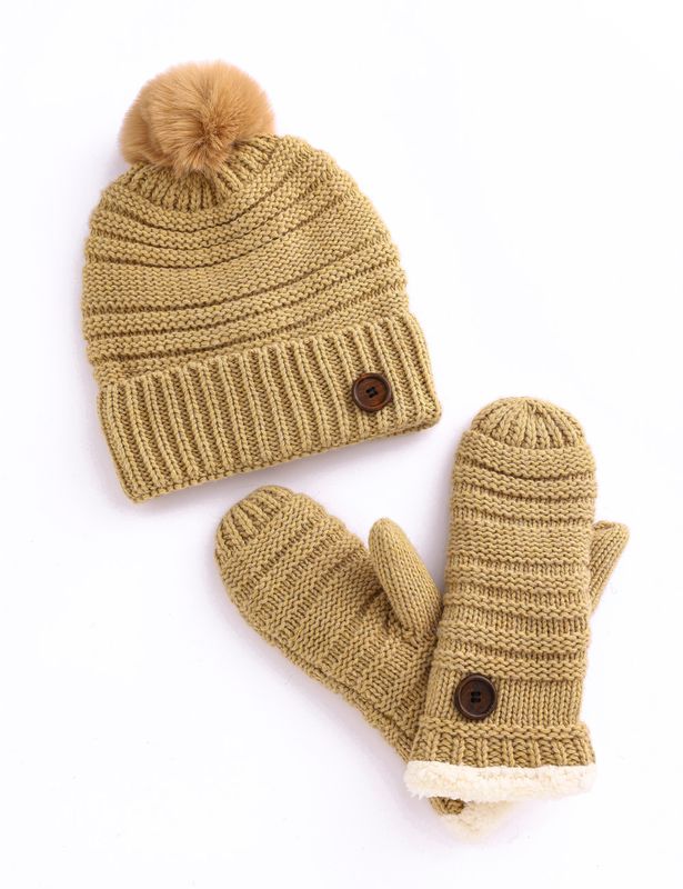 Button Hat Mitten Set -M25 Beige
