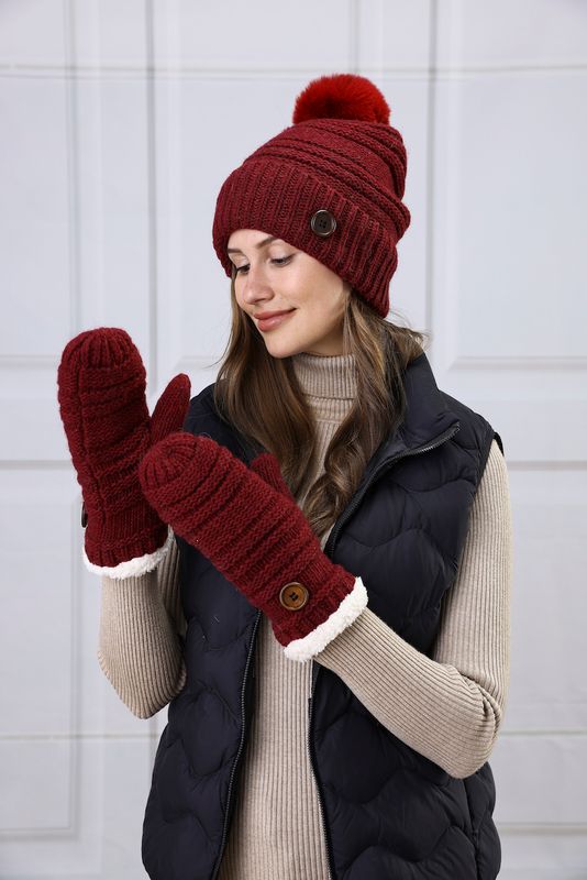 Button Hat Mitten Set -M25 Burgundy