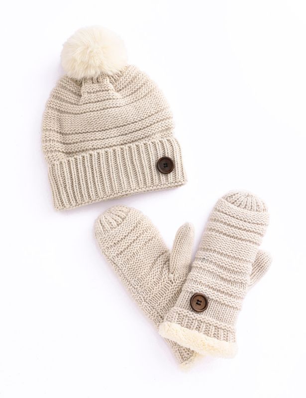 Button Hat Mitten Set -M25 Creme