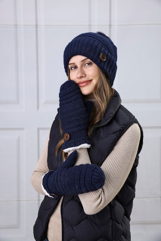 Button Hat Mitten Set -M25 Navy