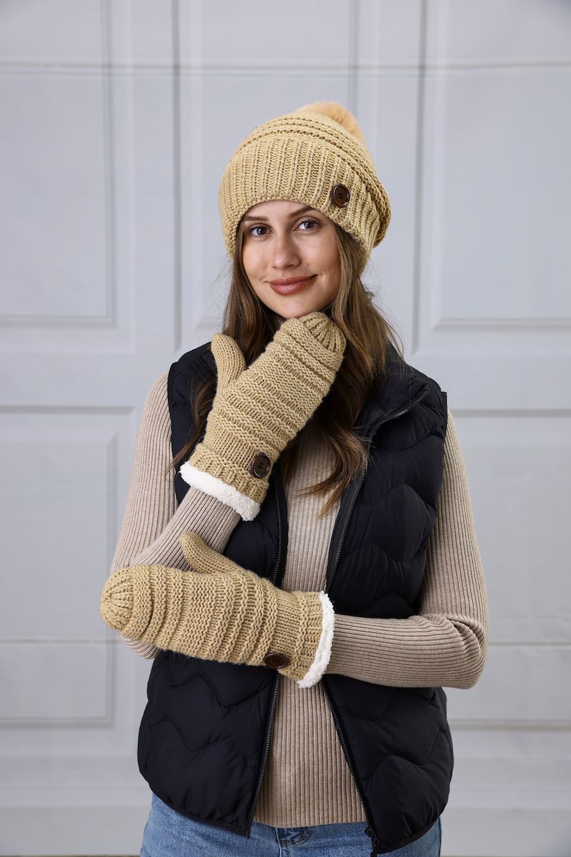 Button Hat Mitten Set -M25 Beige