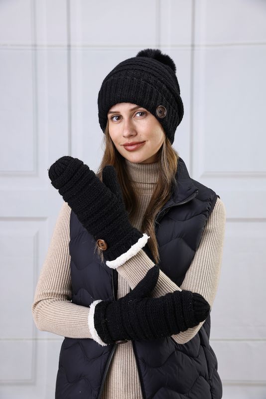 Button Hat Mitten Set -M25 Black