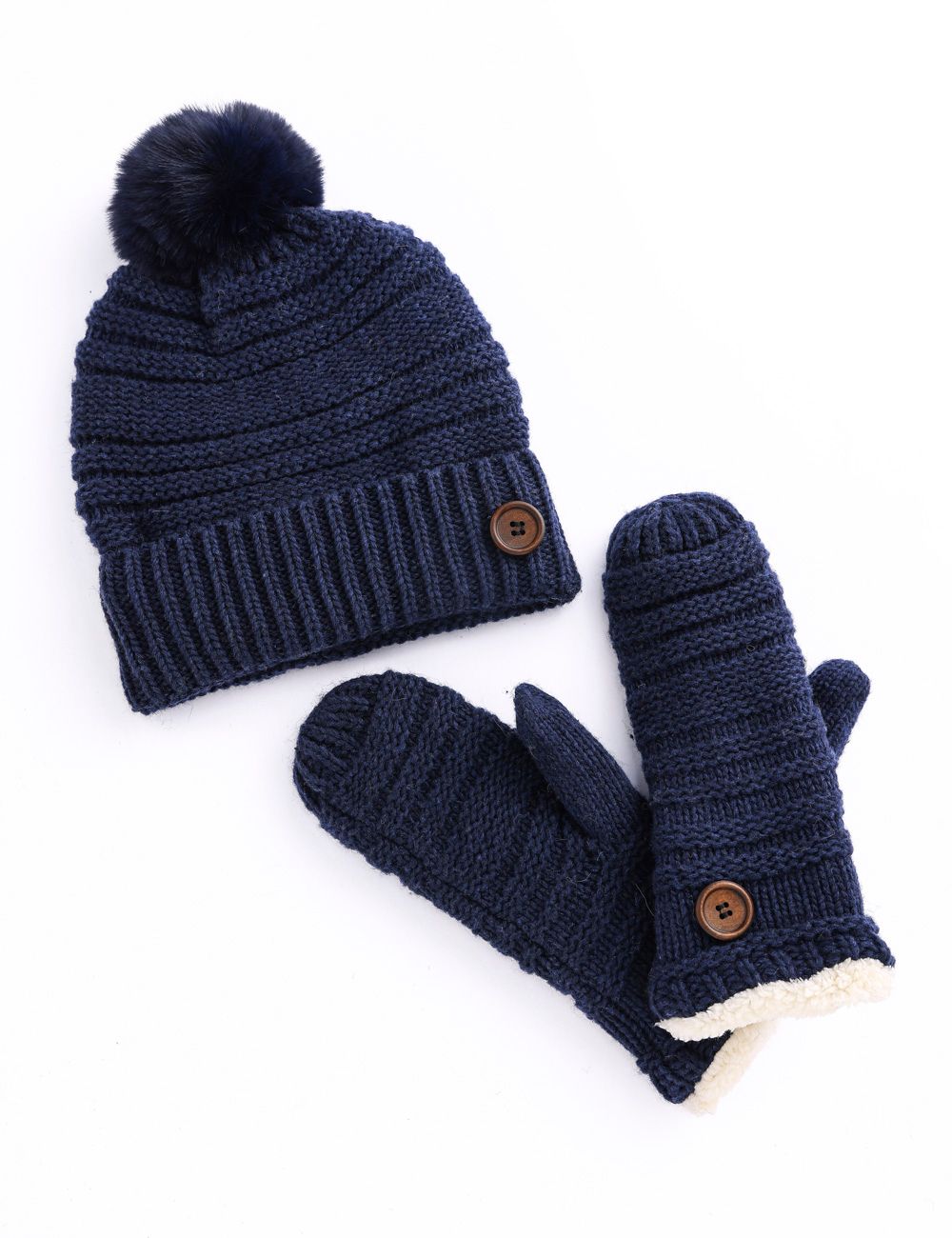 Button Hat Mitten Set -M25 Navy