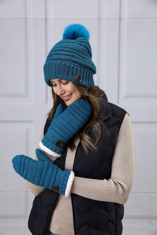 Button Hat Mitten Set -M25 Teal