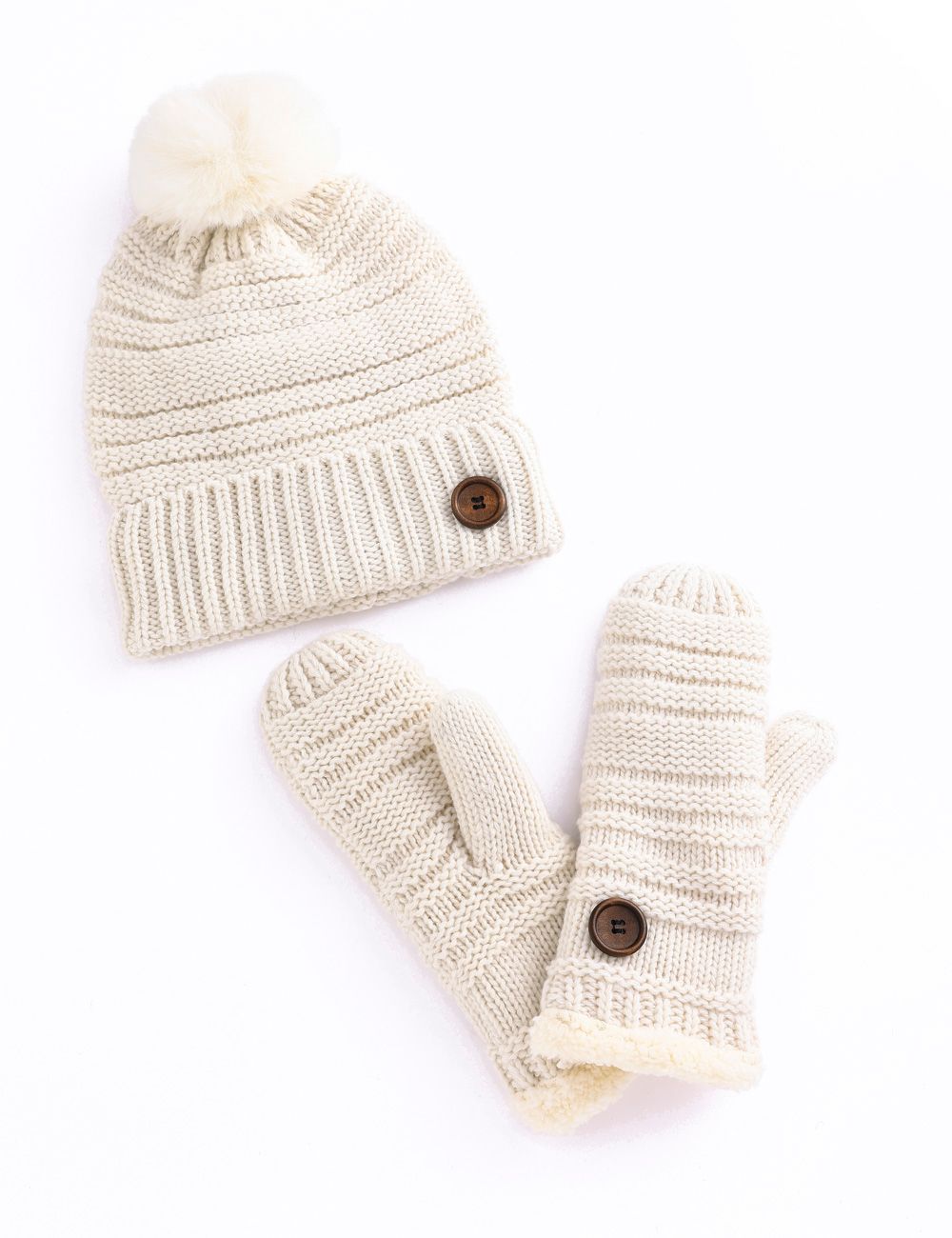 Button Hat Mitten Set -M25 White