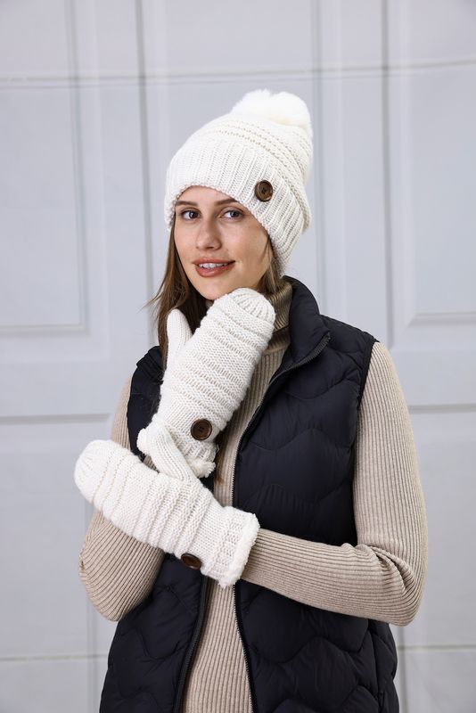 Button Hat Mitten Set -M25 White