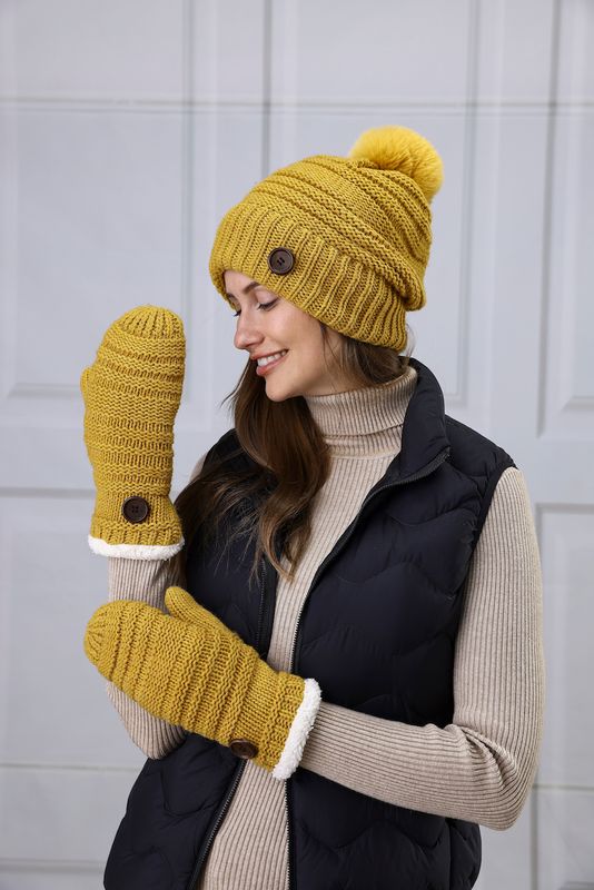 Button Hat Mitten Set -M25 Yellow