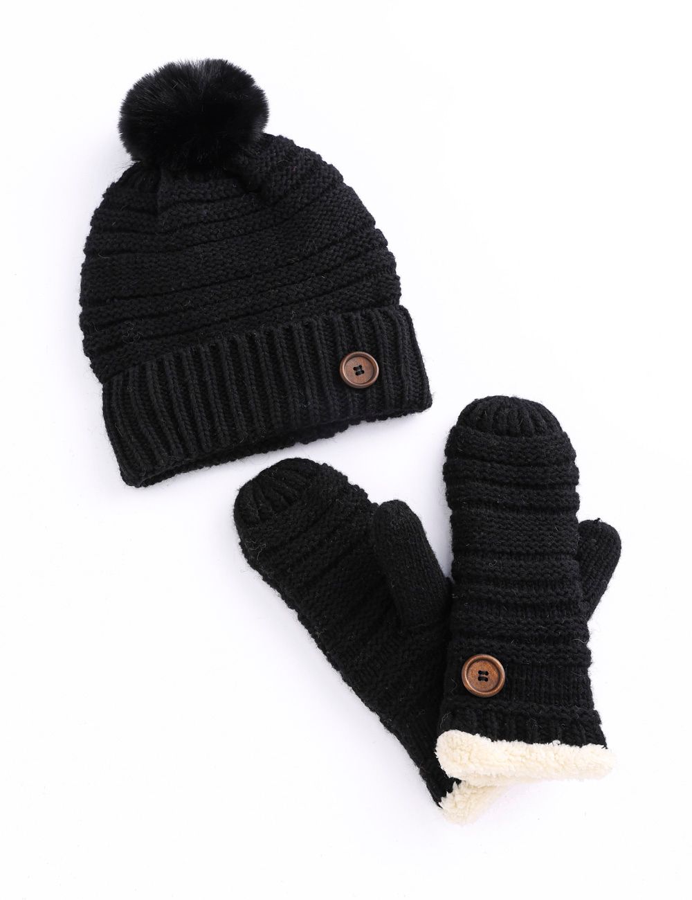 Button Hat Mitten Set -M25 Black