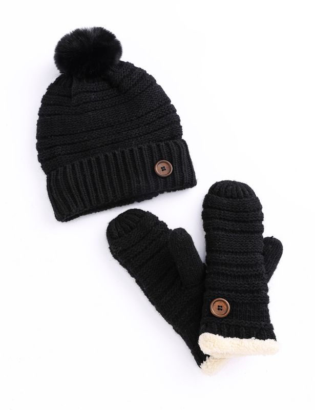Button Hat Mitten Set -M25 Black