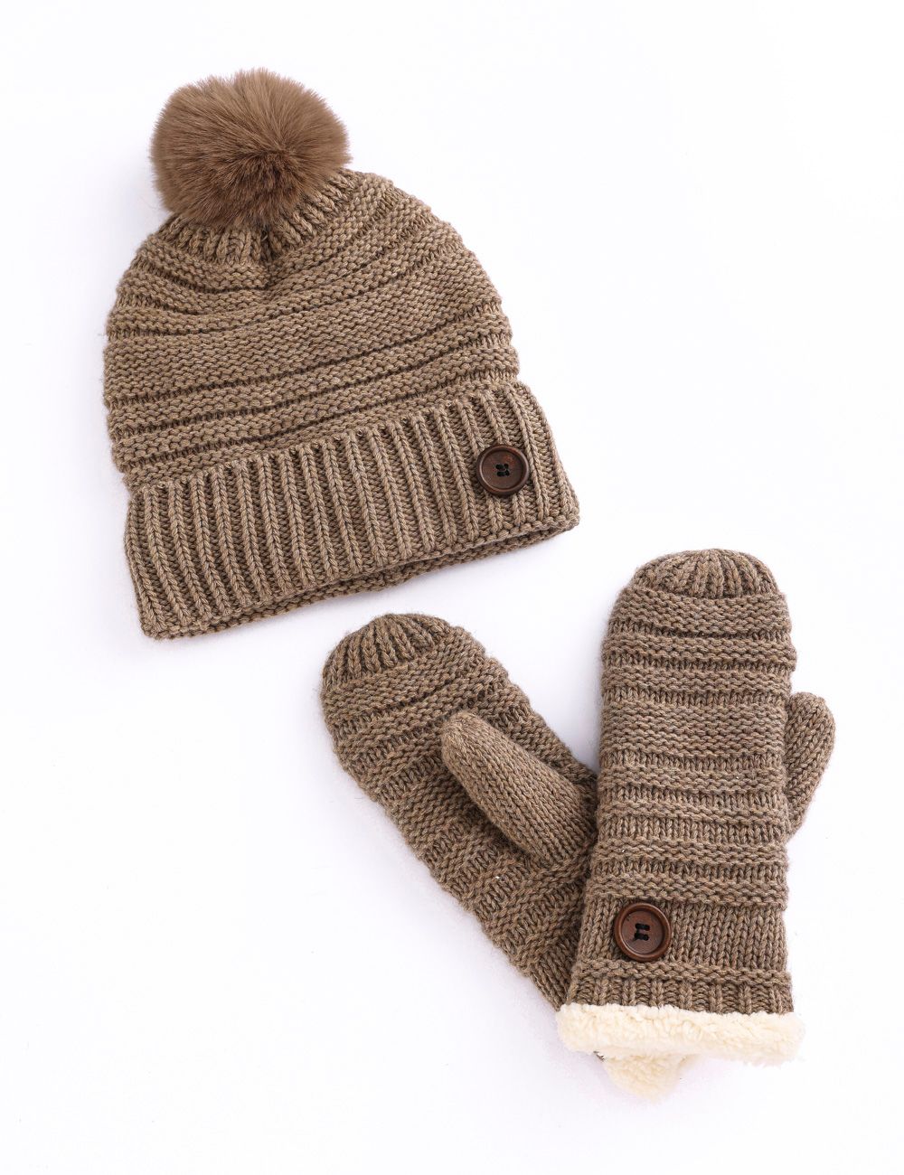 Button Hat Mitten Set -M25 Brown