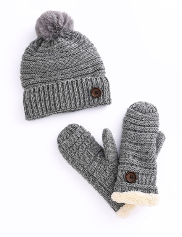 Button Hat Mitten Set -M25 Grey