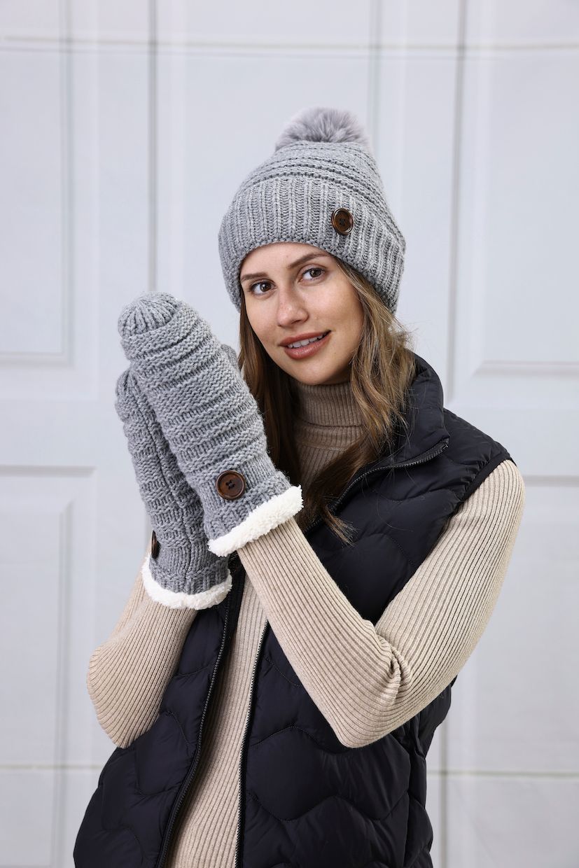 Button Hat Mitten Set -M25 Grey