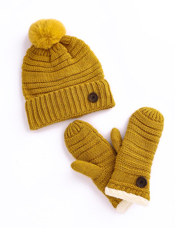 Button Hat Mitten Set -M25 Yellow