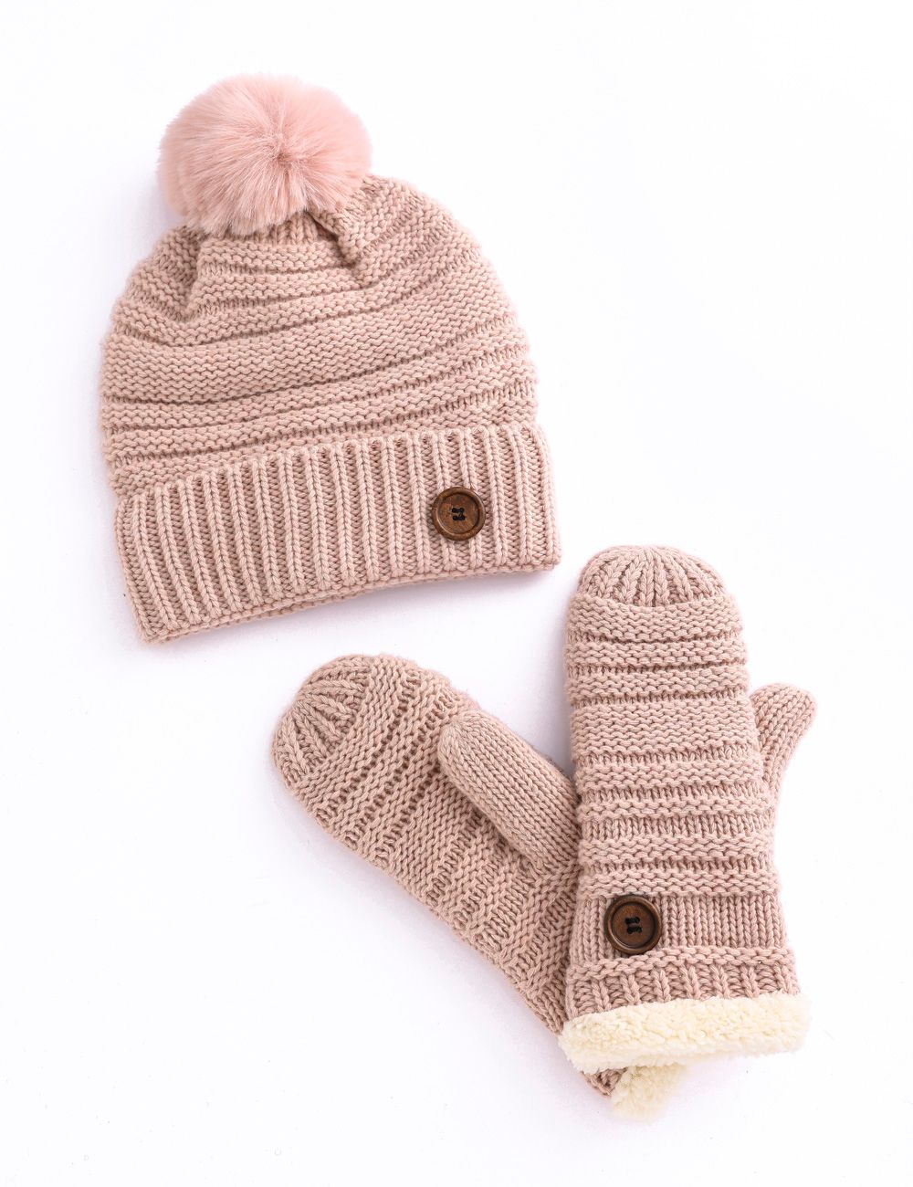 Button Hat Mitten Set -M25 Pink