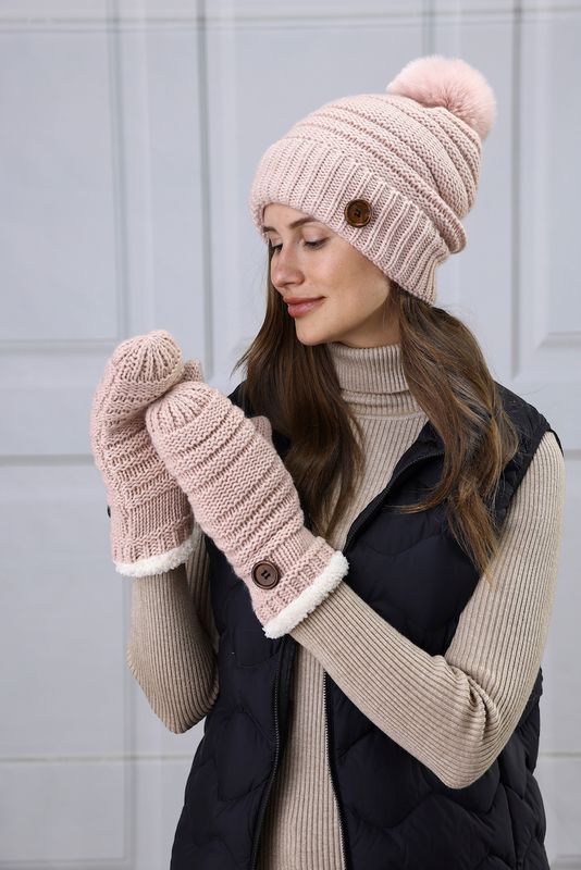 Button Hat Mitten Set -M25 Pink