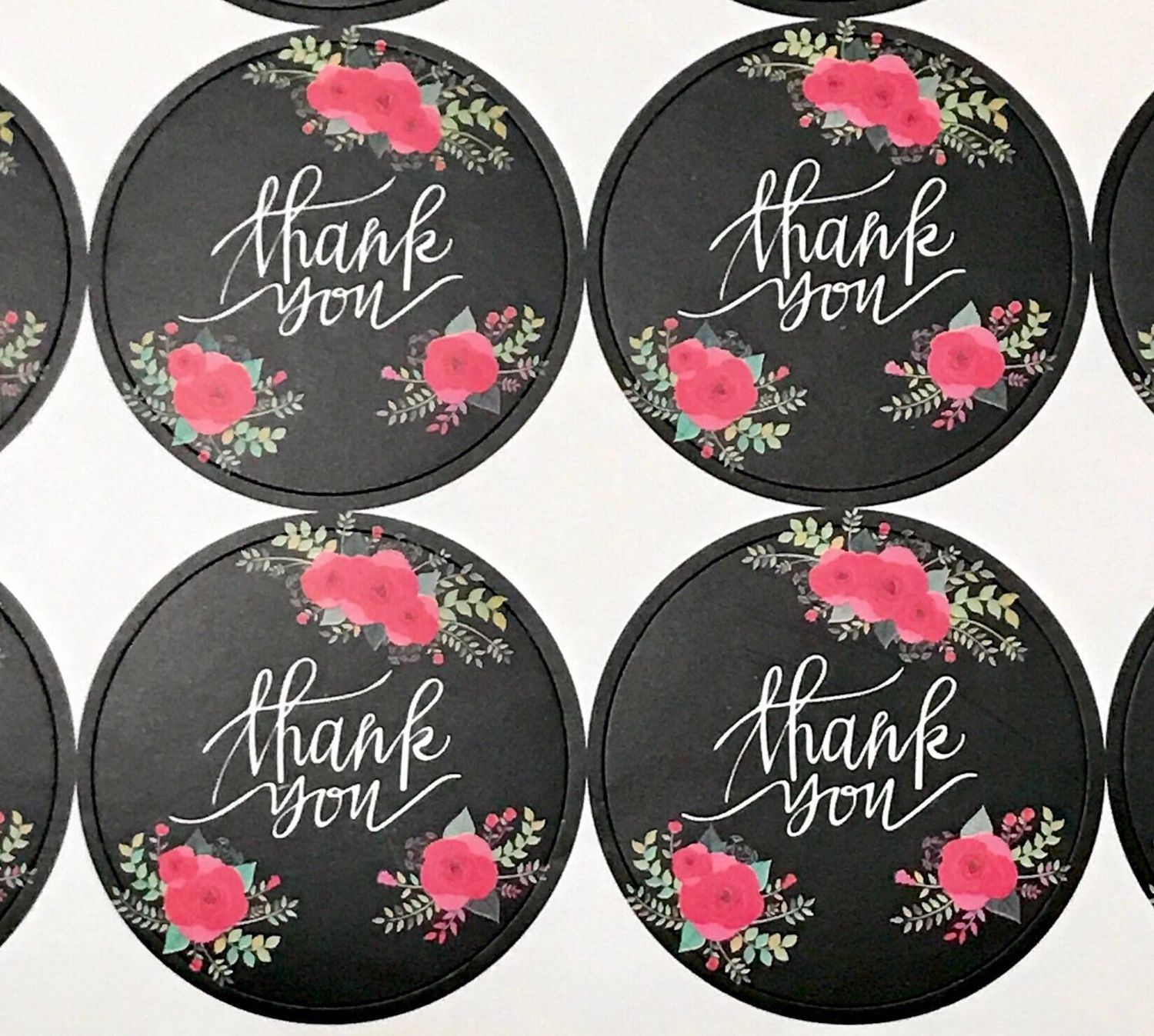 Floral Thank You Stickers, Round Packing Labels, Black &amp; Red Flower Product Labels Round Small Business Shipping Labels Favor Flower Sticker