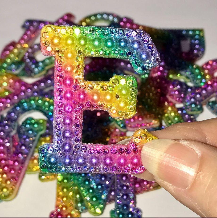 PEARL and RHINESTONE LETTERS, Multi Color Rainbow Bling Numbers, Initial Flat Backs, Alphabet Patches, Sew On Letters