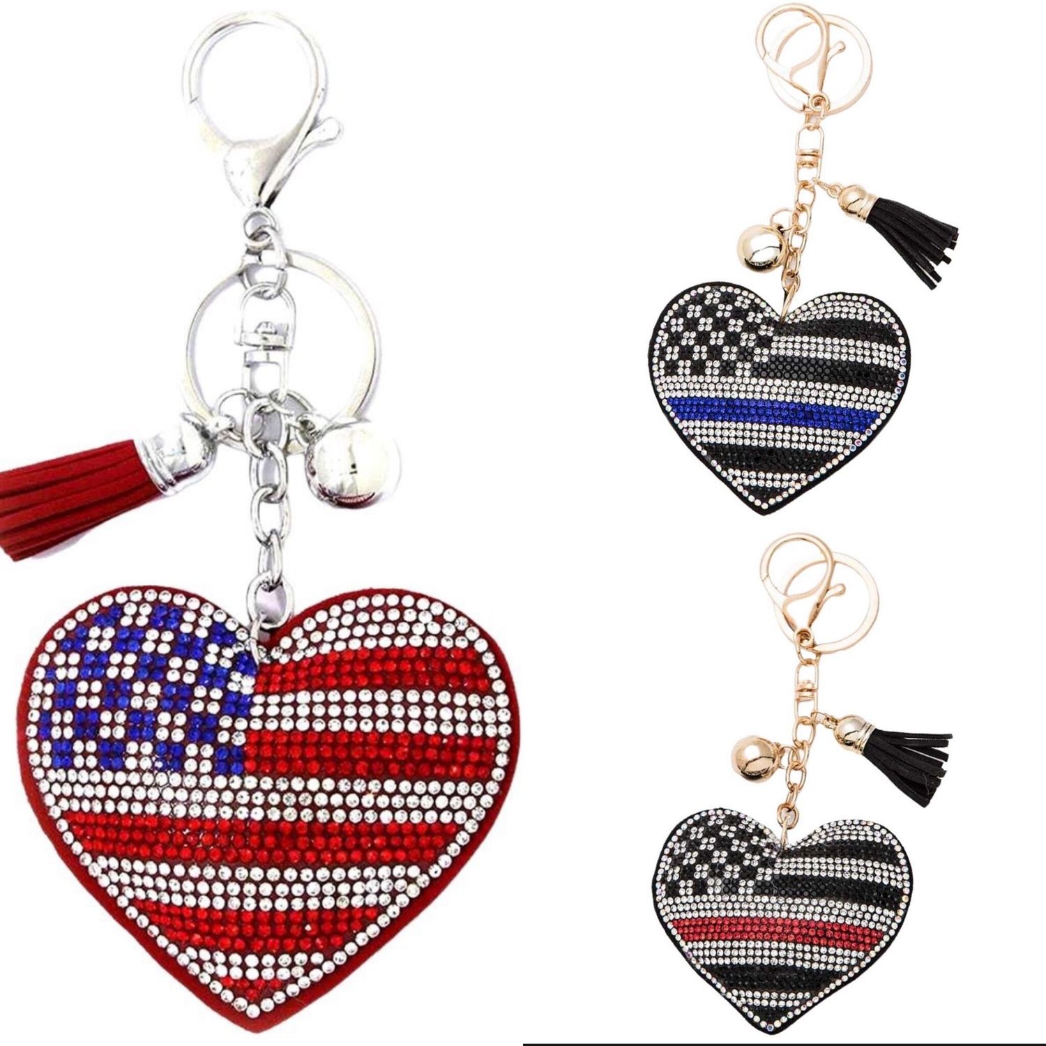 American Flag Heart Keychain, Bling Rhinestone Fob, Homecoming Mum Trinket, First Responder Gift, Clip Tassel, American Flag Accessory