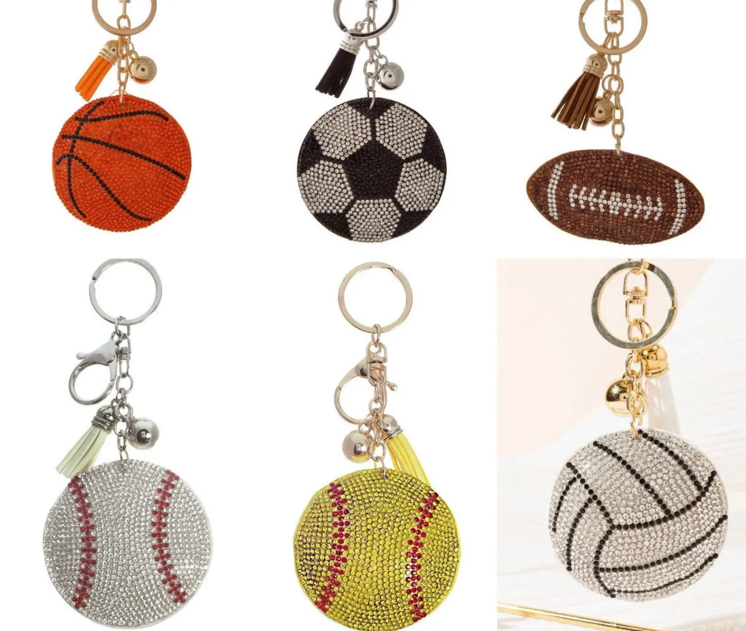 RHINESTONE KEY RING Chains, Sporty Ball Keychain, Awesome Sport Gift, Keyring Clip Tassels, Team Coach Gift, Volleyball Accessory, Soccer