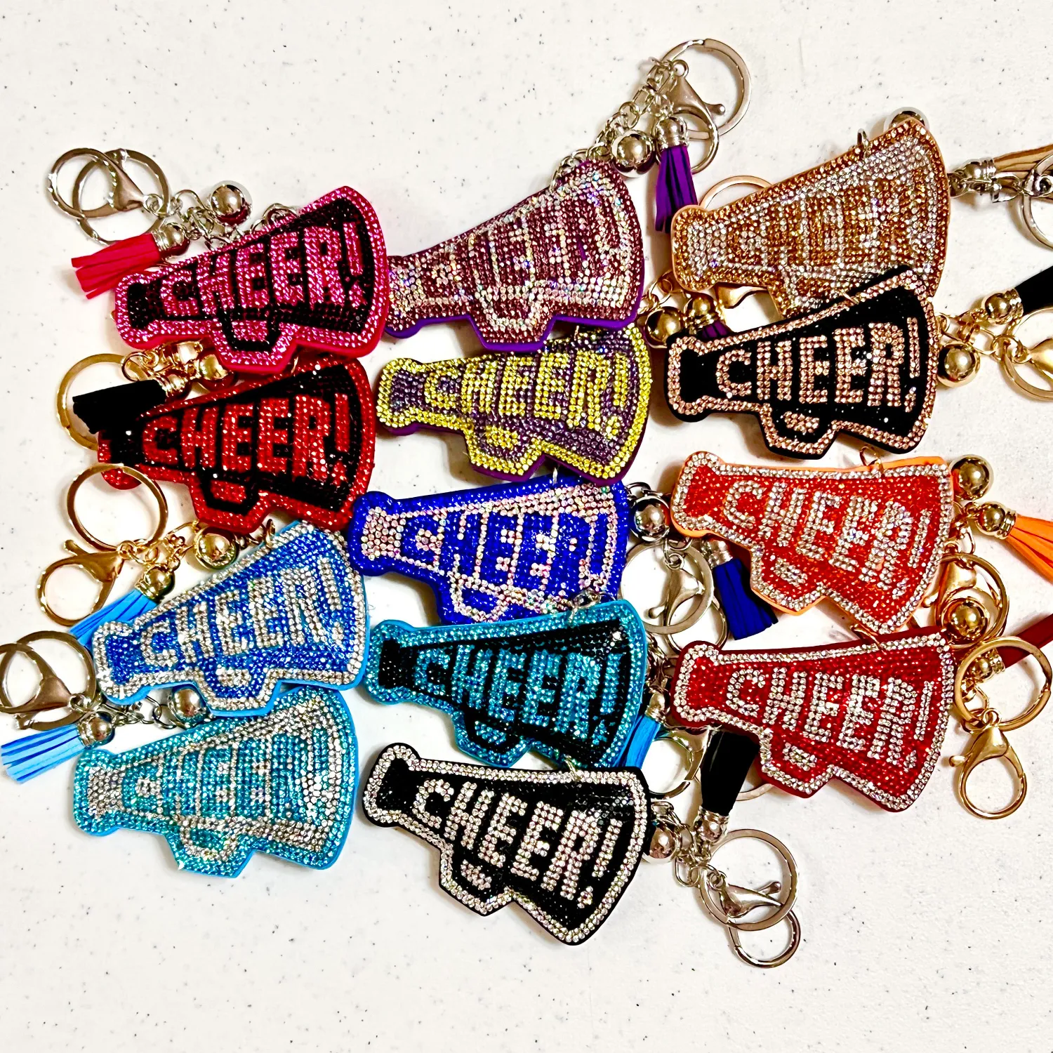 RHINESTONE CHEER MEGAPHONE Keychain, Bling Rhinestone Fob, Homecoming Mum Trinket, Cheer Gift, Clip Tassel, Coach, Cheerleader Accessory