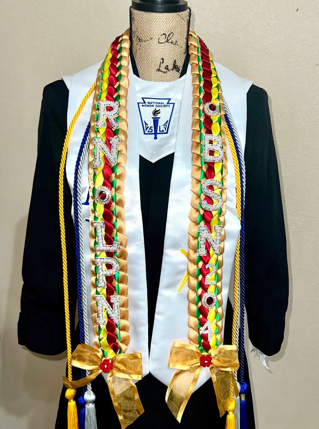 Custom Graduation Money Lei - 4 Color Double Military Braid Personalized Lei, Bling Letters &amp; Number, Birthday, Baby or Bridal Shower, Special Occasion