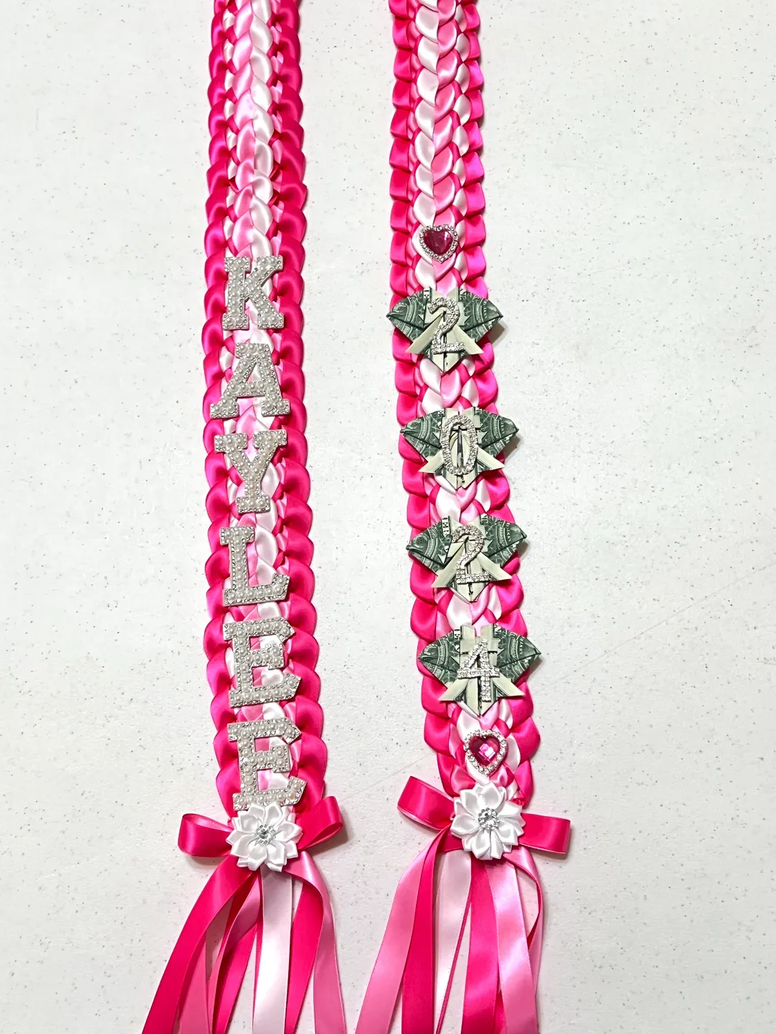 Custom Graduation Money Lei - 3 Color Double Braid Personalized Lei, Bling Letters &amp; Number, Birthday, Baby or Bridal Shower, Special Occasion for female or male