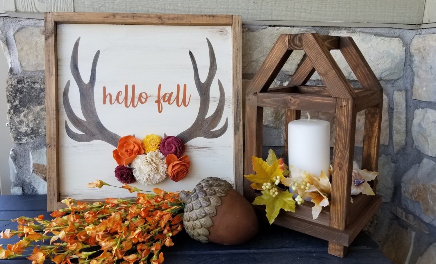 HELLO FALL ANTLERS WITH 6 FLOWERS (14 X 14&quot;)