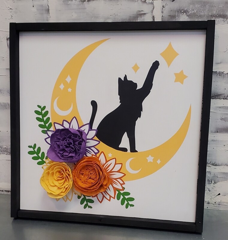 CRESCENT MOON KITTY WITH 3 FLOWERS (14 X 14&quot;)