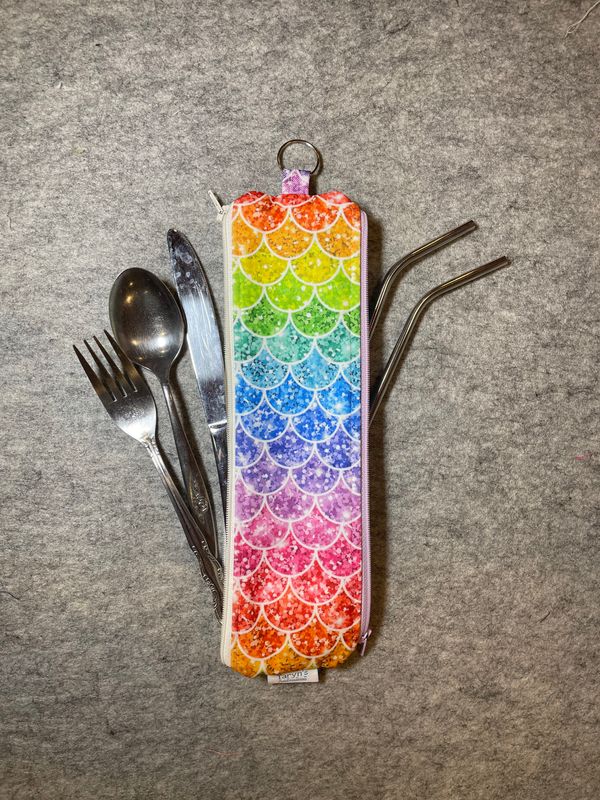 Reusable Straw Bag, Double sided -Rainbow Scales
