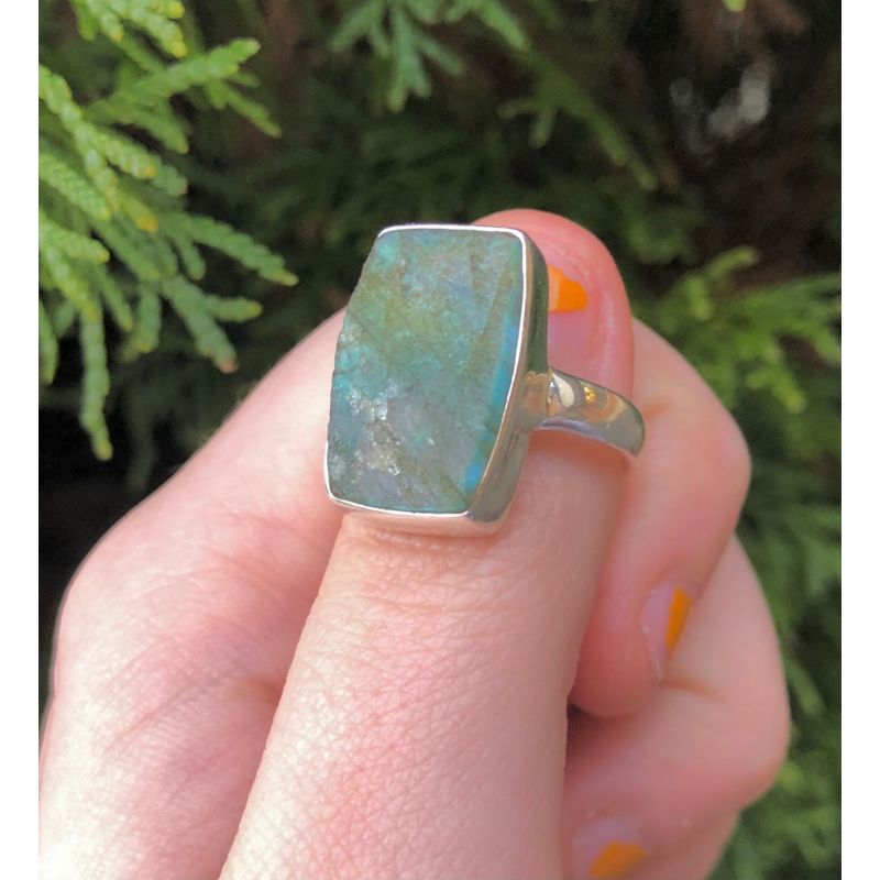 Labradorite Ring Sz9 Raw Rectangle