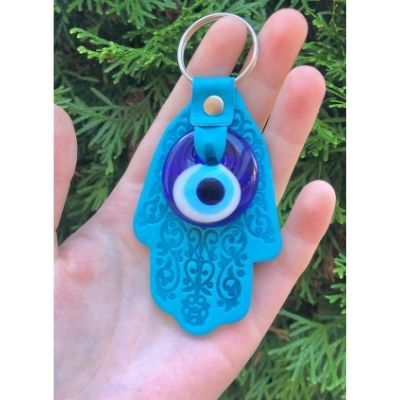 Turquoise Leather Hamsa Keychain