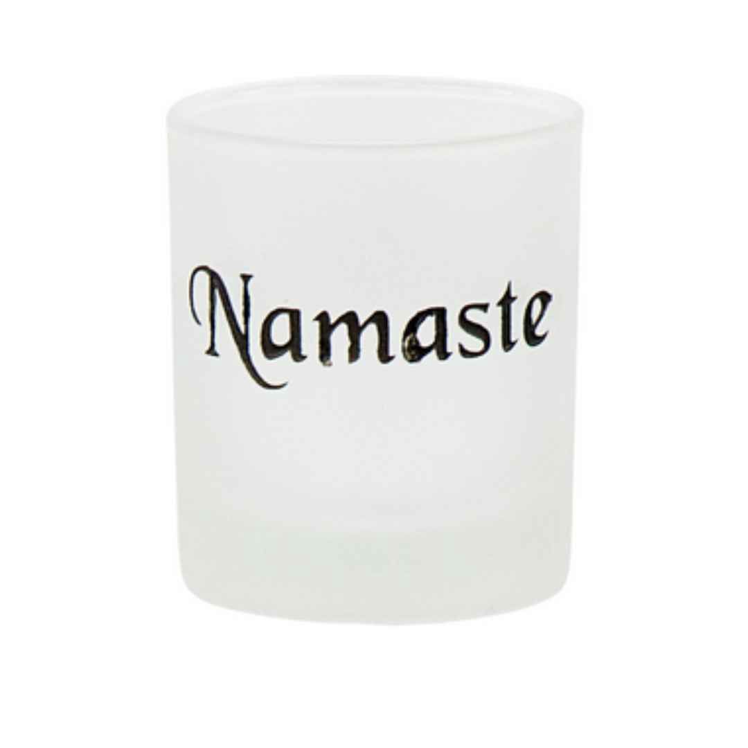 Namaste Etched Black Glass Votive Holder