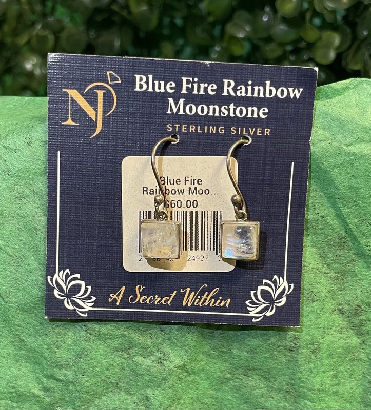 Blue Fire Rainbow Moonstone Square Earrings