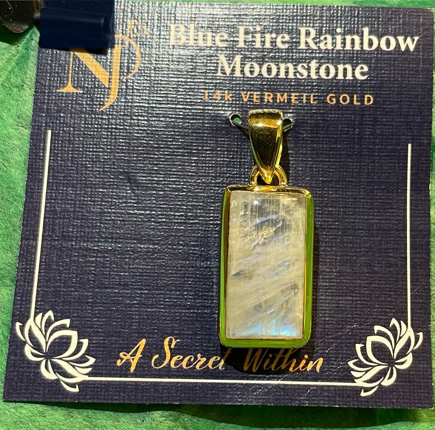 Blue Fire Rainbow Moonstone Rectangular Vermeil Gold Pendant