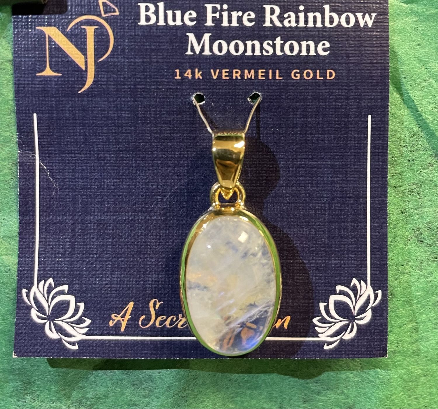 Blue Fire Rainbow Moonstone Oval Vermeil Gold Pendant