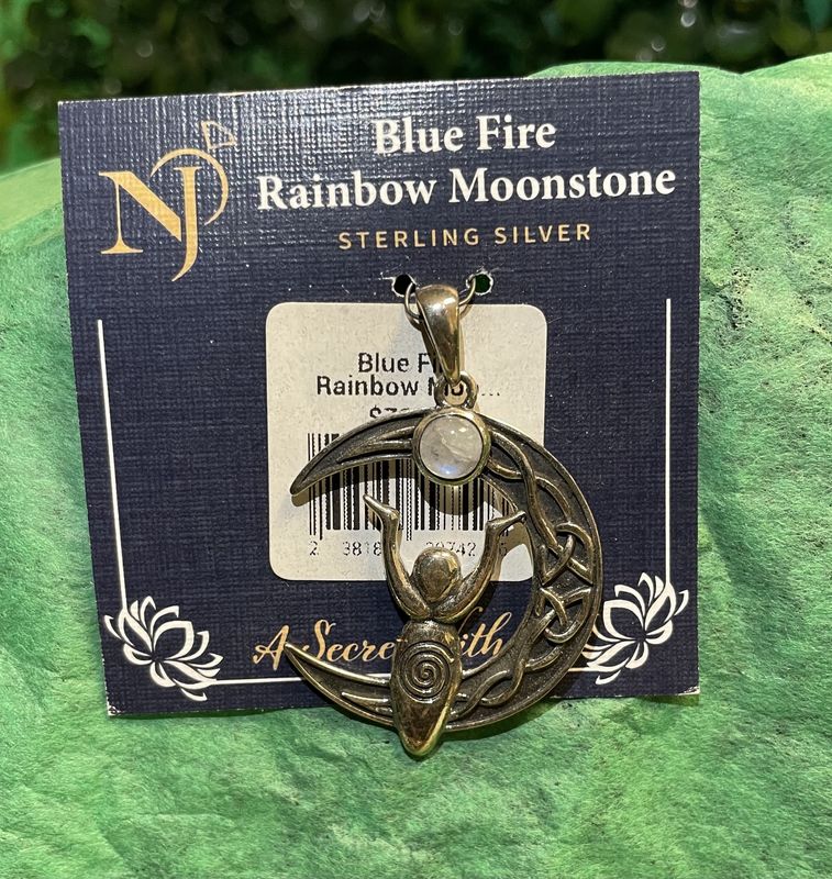 Blue Fire Rainbow Moonstone Crescent Moon Goddess Pendant  72